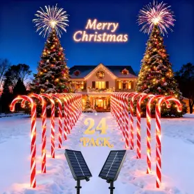 Hk074 Coolwufan 24p 24 Pack Solar Christmas Candy Cane Lights Outdoor Decorations Red