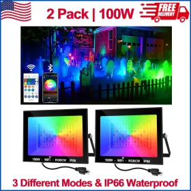 9363755 Crepow 2x 100w Led Flood Light Bluetooth Rgb Color Changing Timing Garden Lamp