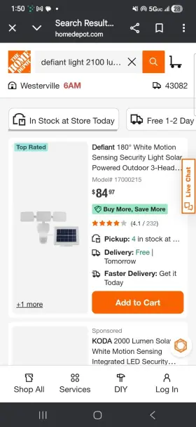 1009-201-620 Defiant Solar Motion Flood Light Brand New 2100 Limens And Led