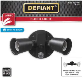 17000077 Defiant Security Flood Light Dusk-to-dawn Activated Wired Outdoor 2-head Hardwired Black