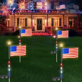 Tfl027-4p E-kong 4 Pack Led American Flags Solar Lights Warm White Red And Blue