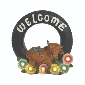 Mot0875 Enchanted Garden 11 Inch Brown Resin Solar Led Vintage Tire Highland Cow Lawn Statue Decor