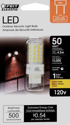 Bp5066 Feit Electric Bp5066/8/830/led Led Outdoor Security Light Bulb 50w Equiv. 4.5w Gy8.6 Warm White 3000k 120v. New