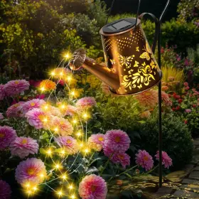 Tynshd-hudie-001 Fohil Solar Watering Can With Lights Retro Metal Garden Golden