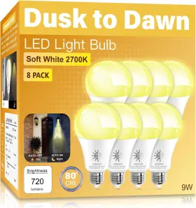 Gonhom 313056360395 8 Pack Dusk To Dawn Light Bulbs Outdoor 2700k Warm White 720lm 9w 60w Equival