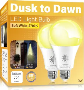 Gonhom 313105338306 2 Pack Dusk To Dawn Light Bulbs Outdoor 2700k Warm White 720lm 9w 60w Equival
