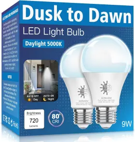 Gonhom 445028910918 2 Pack Dusk To Dawn Light Bulbs Outdoor 5000k-daylight 720lm 9w 60w Equivalen