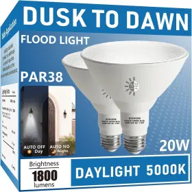 Gonhom 726084267534 Par38 Led Dusk To Dawn Flood Light Bulbs Outdoor 2 Pack 5000k Daylight 20w