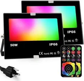 Hekee 616430681681 Led Flood Light Outdoor 50w Rgb Color Changing 5000 2 Pack Black Clear