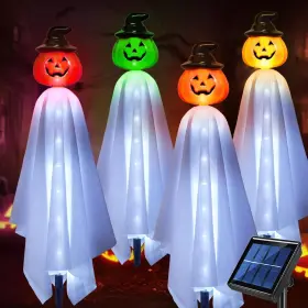 Hld594 Homeleo Set Of 4 Solar Pumpkin Ghost Lights For Orange White Sheet