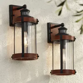 Ks169p8 John Timberland Stan 15 1/2 Inch H Wood And Black Motion Sensor Outdoor Wall Light Set Of 2