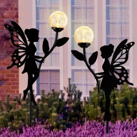 Hd-289-1 Ouddy Decor 2 Pack Solar Fairy Garden Metal Statues With Large Black