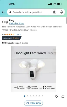 Ring 842861104608 Floodlight Cam Home Security Camera 1080p Wired