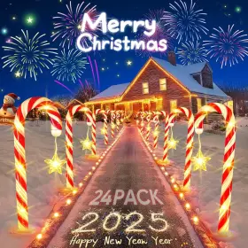 Cane-24p Rvzhi Christmas Decorations Solar Lights Outdoor 24 Pack 144 Red And White