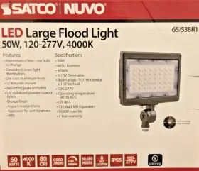 65-538r1 Satco Outdoor Led Large Flood Light Bronze 50w 120-277v 4000k 8.5 Inch W 65/538r1