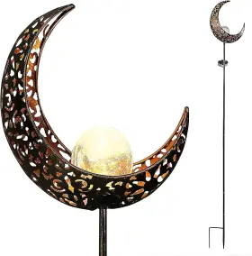 Starryfill 694026799040 Garden Solar Lights Outdoor Bronze Moon Crackle Glass Stake