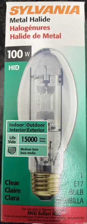 100w Sylvania 046135646522 Hid Clear E17 Metal Halide Bulb Uses M90 Ballast Med Base 15k Hour