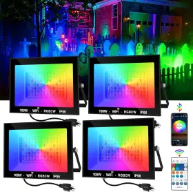 100w T-sun 728290976606 4x Rgb Led Flood Light Outdoor Bluetooth Rgbcw Smart Floodlights Timing Us