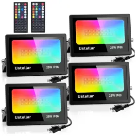 000744603916343 Ustellar 744603916343 25w Led Rgb Flood Light Rc Control Diy Function For Garden Party 4 Pack