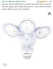 Amazon Basics 60W Waterproof Led Outdoor Motion Sensor Security Light With 3 Open. Price: $35.00.